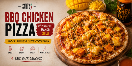 BBQ Chicken Pizza with Pineapple Mango Hot Sauce